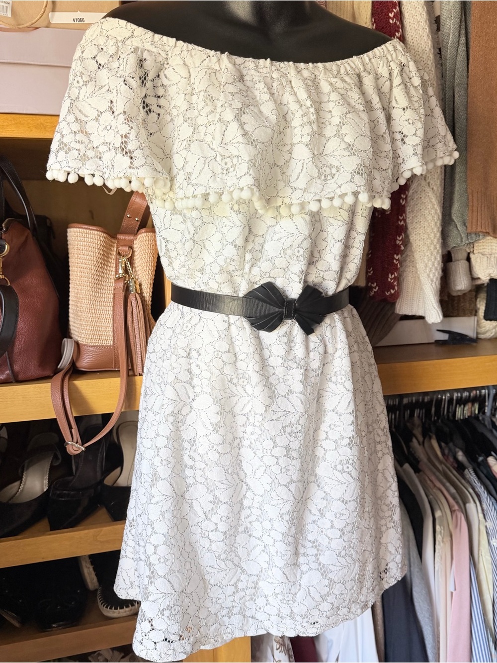 AS U WISH Off-Shoulder White with Black Lace Dress with Pom Trim